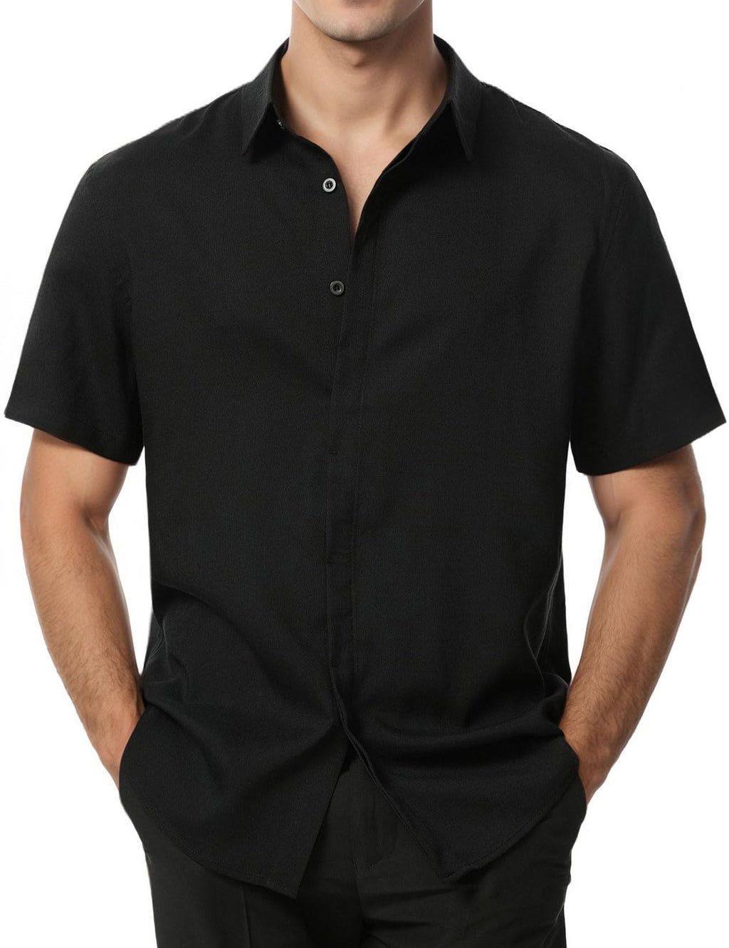 JEMITOP Mens Linen Blend Stretch Wrinkle Free Short Sleeve Hidden Button Down Beach Shirt Summer Casual Stylish Vacation Clothes Black XL