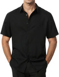 JEMITOP Mens Linen Blend Stretch Wrinkle Free Short Sleeve Hidden Button Down Beach Shirt Summer Casual Stylish Vacation Clothes Black XL