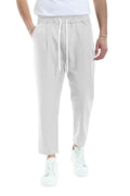 PASLTER Mens Linen Cotton Pants Casual Drawstring Elastic Waist Summer Beach Yoga Trousers White